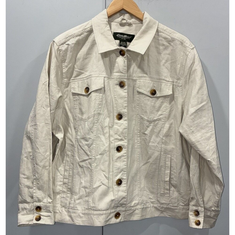 Eddie Bauer Linen Blend Beige Breathable Trucker Jacket Natural Button Front XXL